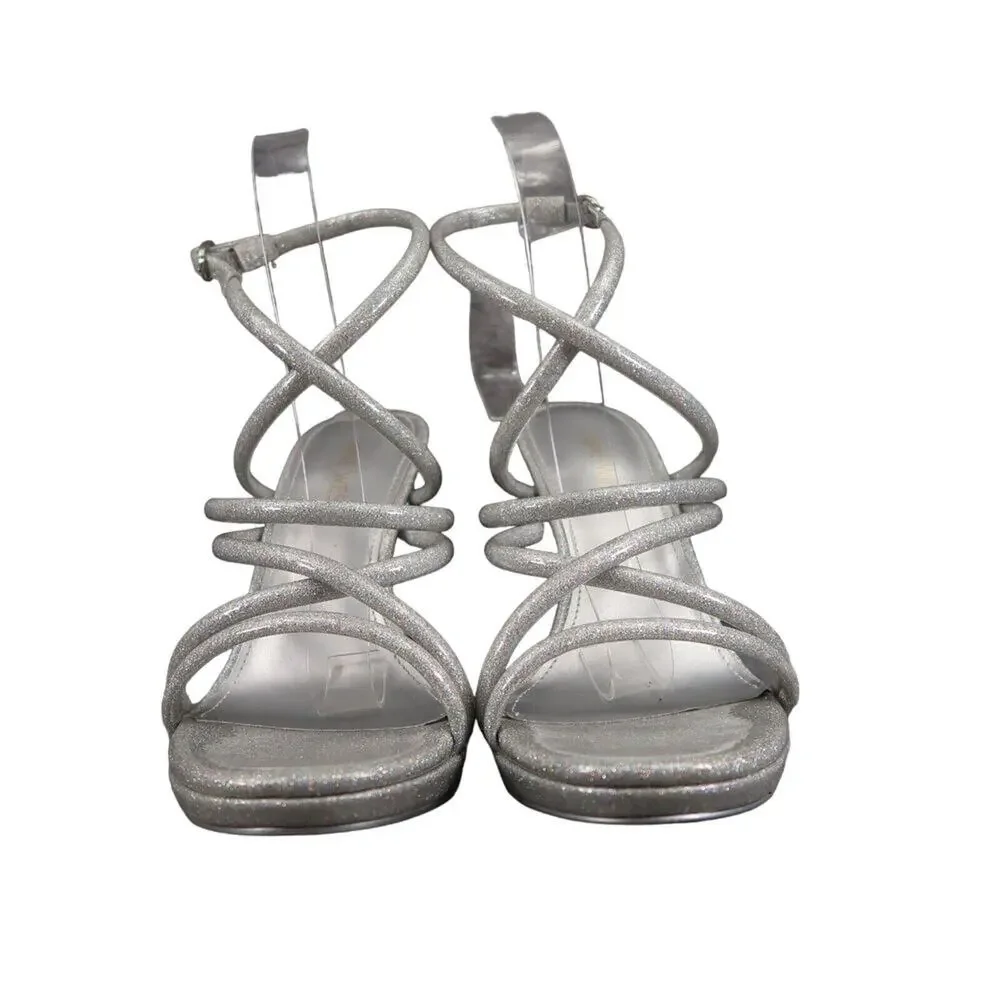 Nine West Shoes Womens 8 Heeled Sandal Ankle Strap Pumps Platform Silver Glitter